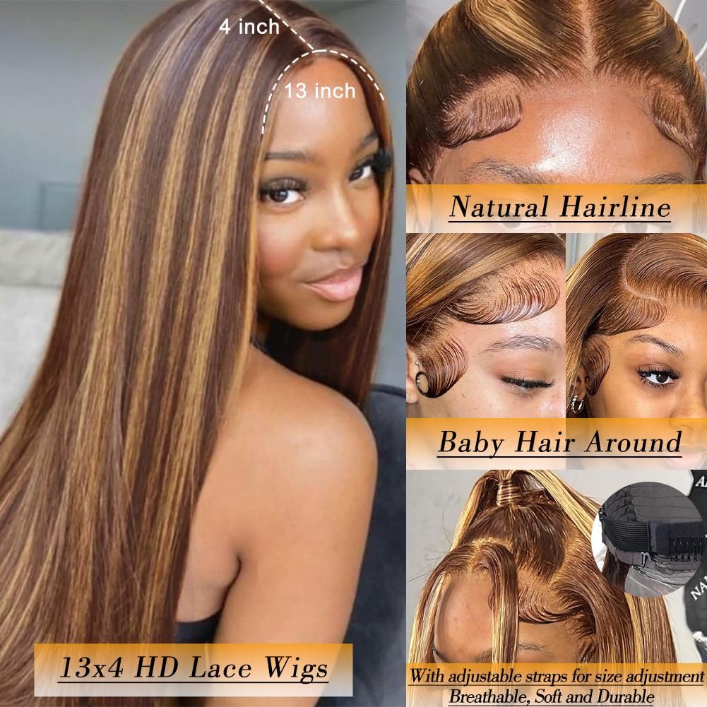 30Inch Highlight Ombre Lace Front Wig Human Hair Pre Plucked 13X4 HD Transparent 4/27 Honey Blonde Lace Frontal Wigs with Baby Hair 180% Density Colored Straight Lace Front Wig