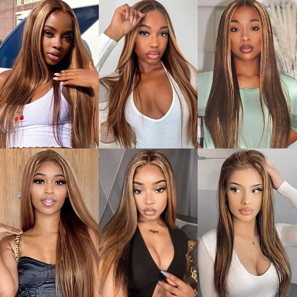 30Inch Highlight Ombre Lace Front Wig Human Hair Pre Plucked 13X4 HD Transparent 4/27 Honey Blonde Lace Frontal Wigs with Baby Hair 180% Density Colored Straight Lace Front Wig