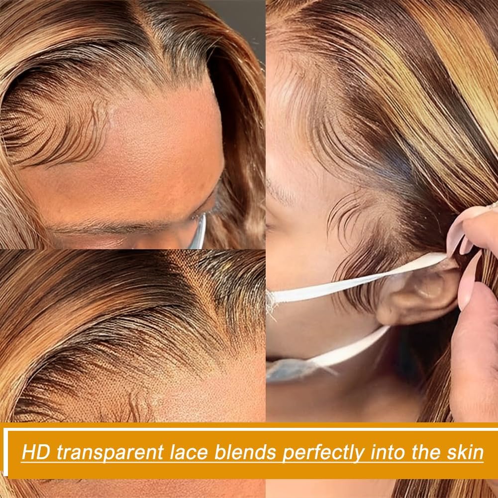 30Inch Highlight Ombre Lace Front Wig Human Hair Pre Plucked 13X4 HD Transparent 4/27 Honey Blonde Lace Frontal Wigs with Baby Hair 180% Density Colored Straight Lace Front Wig