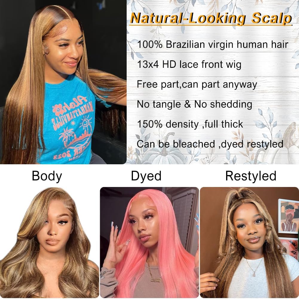 30Inch Highlight Ombre Lace Front Wig Human Hair Pre Plucked 13X4 HD Transparent 4/27 Honey Blonde Lace Frontal Wigs with Baby Hair 180% Density Colored Straight Lace Front Wig