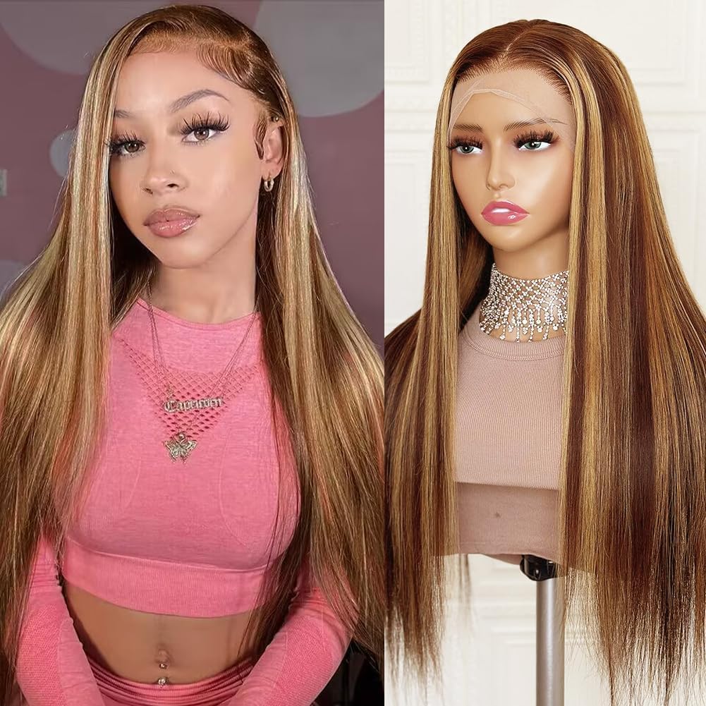 30Inch Highlight Ombre Lace Front Wig Human Hair Pre Plucked 13X4 HD Transparent 4/27 Honey Blonde Lace Frontal Wigs with Baby Hair 180% Density Colored Straight Lace Front Wig