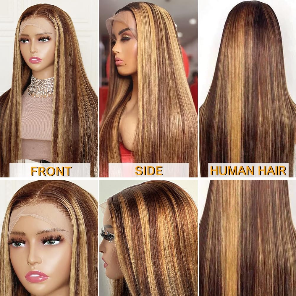 30Inch Highlight Ombre Lace Front Wig Human Hair Pre Plucked 13X4 HD Transparent 4/27 Honey Blonde Lace Frontal Wigs with Baby Hair 180% Density Colored Straight Lace Front Wig