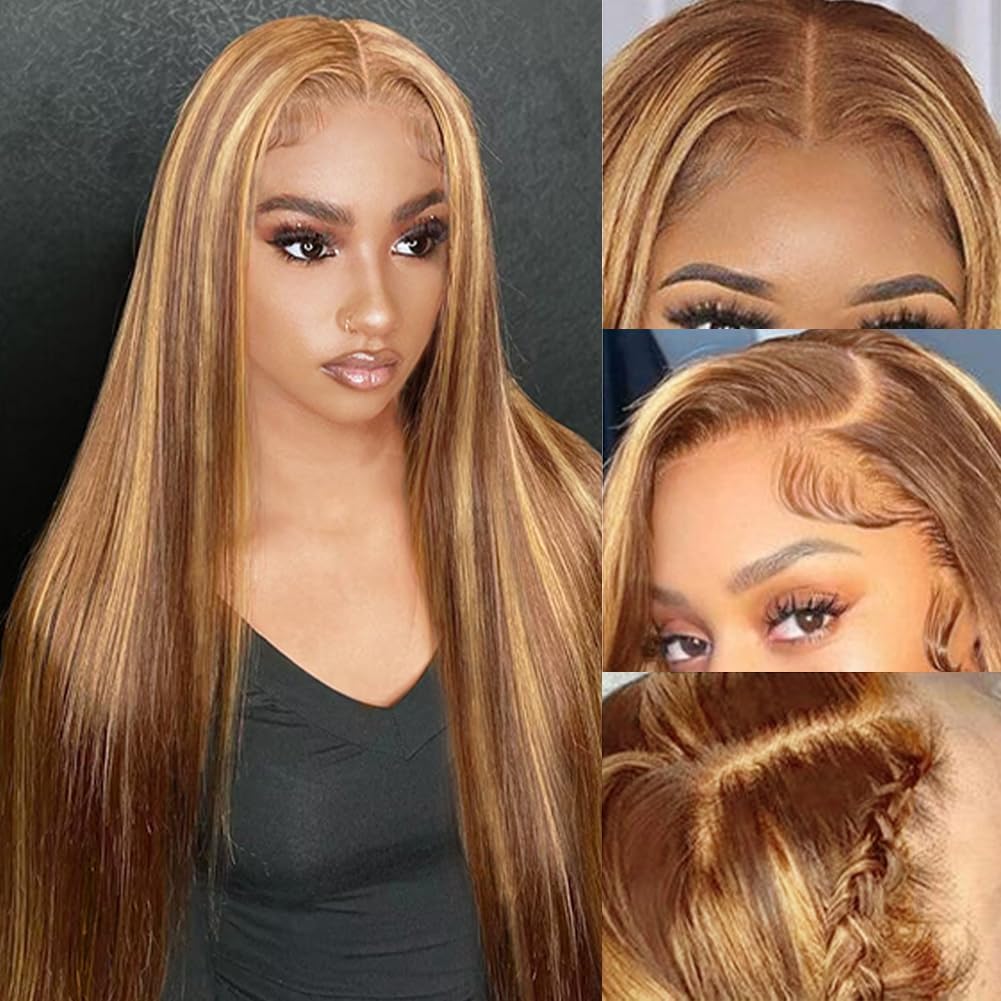 30Inch Highlight Ombre Lace Front Wig Human Hair Pre Plucked 13X4 HD Transparent 4/27 Honey Blonde Lace Frontal Wigs with Baby Hair 180% Density Colored Straight Lace Front Wig