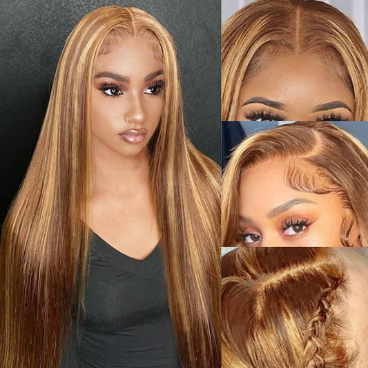 30Inch Highlight Ombre Lace Front Wig Human Hair Pre Plucked 13X4 HD Transparent 4/27 Honey Blonde Lace Frontal Wigs with Baby Hair 180% Density Colored Straight Lace Front Wig