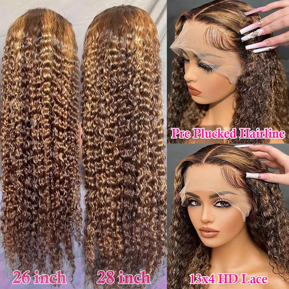 4/27 Highlight Lace Front Wigs Human Hair Pre Plucked Bleached Knots 12A 180 Density 13X4 HD Ombre Honey Blonde Deep Wave Human Hair Wigs with Baby Hair(26 Inch, Brown Mix Gloden Color)