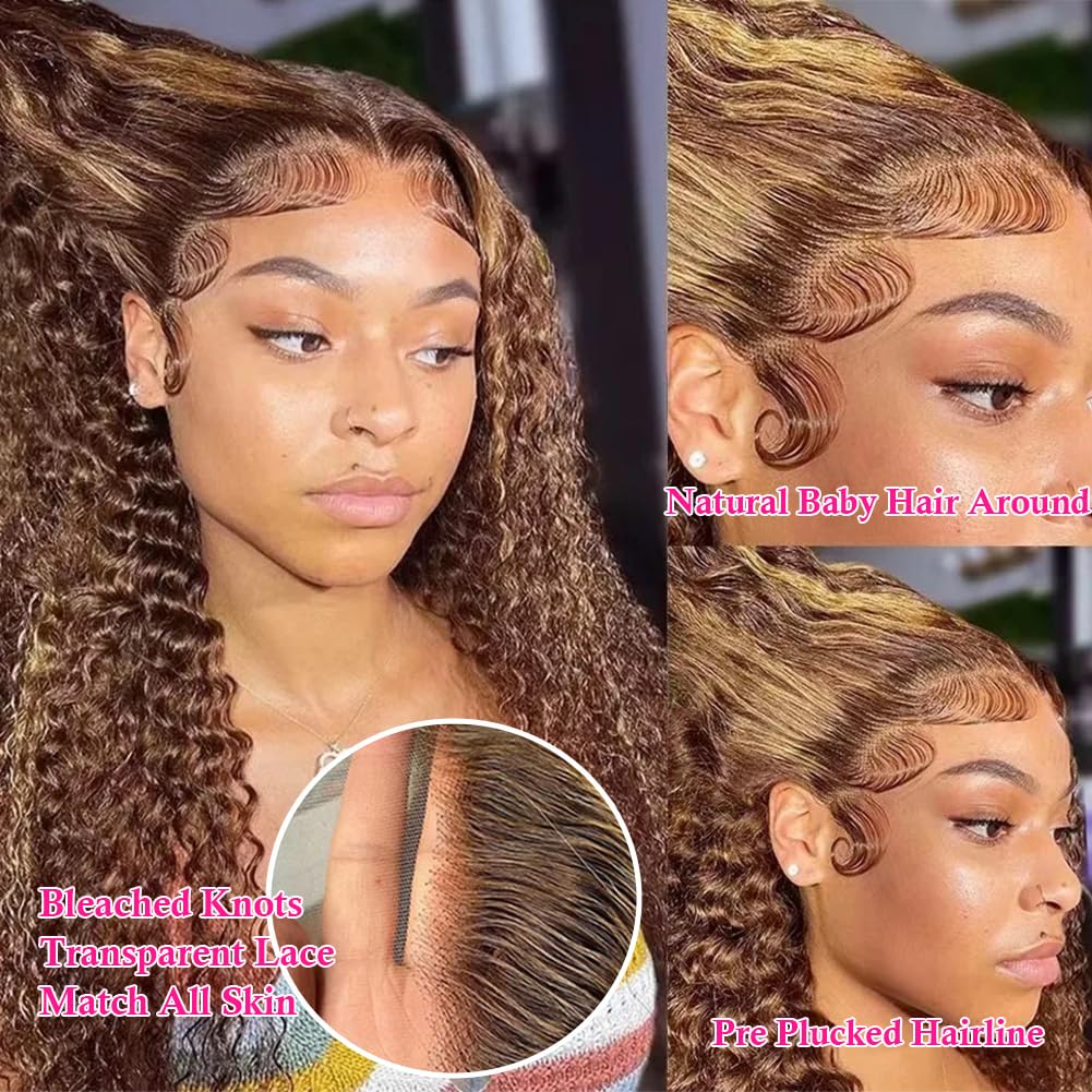 4/27 Highlight Lace Front Wigs Human Hair Pre Plucked Bleached Knots 12A 180 Density 13X4 HD Ombre Honey Blonde Deep Wave Human Hair Wigs with Baby Hair(26 Inch, Brown Mix Gloden Color)
