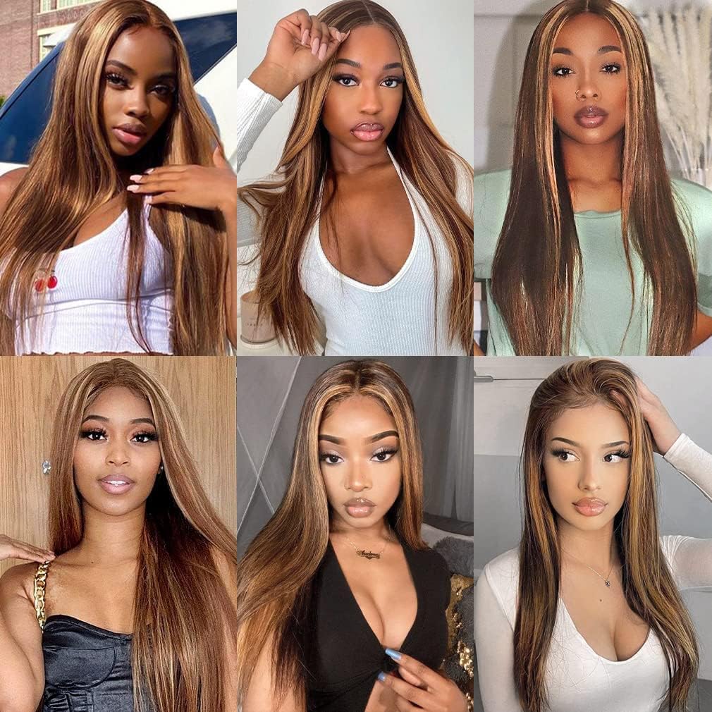 30Inch Highlight Ombre Lace Front Wig Human Hair Pre Plucked 13X4 HD Transparent 4/27 Honey Blonde Lace Frontal Wigs with Baby Hair 180% Density Colored Straight Lace Front Wig