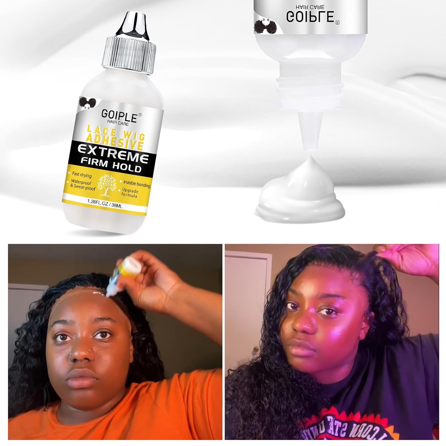 Wig Glue 1.28OZ, Waterproof Lace Front Adhsive for Wigs with Tools and Hair Wax Stick (Lace Adhesive/Wig Glue Remover/Wax Stick/Edge Control Wax/Elastic Band/Hair Dual Drush/Wigs Caps)