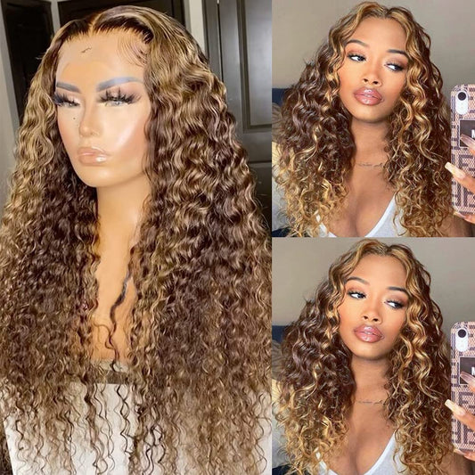 4/27 Highlight Lace Front Wigs Human Hair Pre Plucked Bleached Knots 12A 180 Density 13X4 HD Ombre Honey Blonde Deep Wave Human Hair Wigs with Baby Hair(26 Inch, Brown Mix Gloden Color)