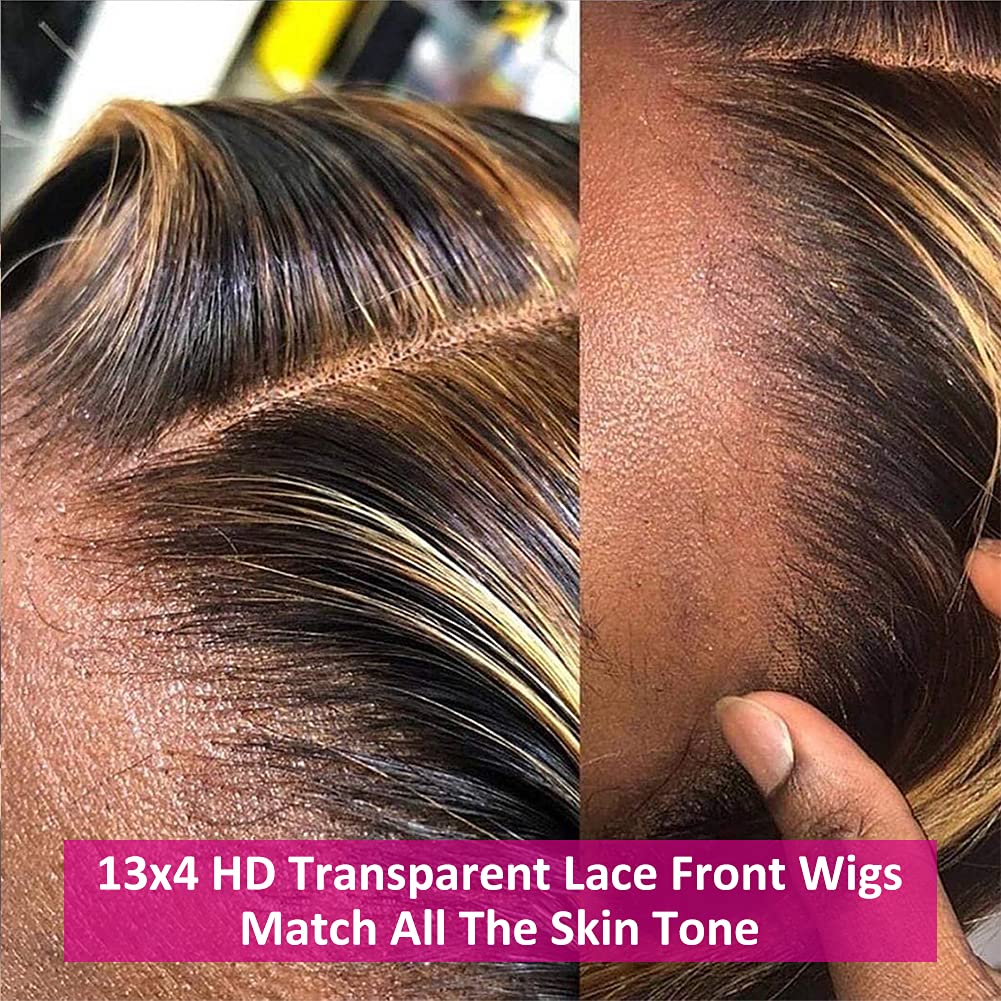 4/27 Highlight Lace Front Wigs Human Hair Pre Plucked Bleached Knots 12A 180 Density 13X4 HD Ombre Honey Blonde Deep Wave Human Hair Wigs with Baby Hair(26 Inch, Brown Mix Gloden Color)