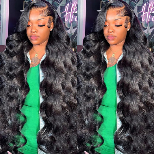 28 Inch 13X6 Lace Front Body Wave Wigs Human Hair Brazilian Pre Plucked 200 Density HD Lace Frontal Wig with Baby Hair Body Wave Glueless Wigs for Women Natural Color